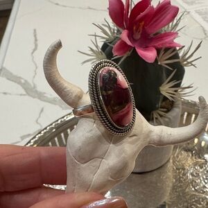 Sterling Silver and Rose Dahlia Oval Stone Ring